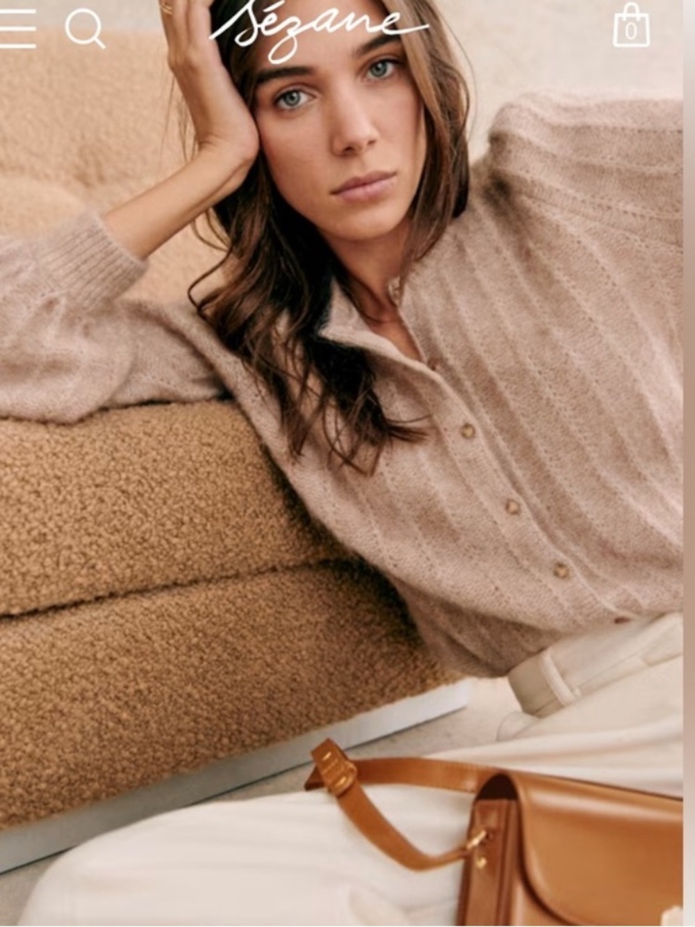 Sezane Beige Ribbed Button-Front Cardigan